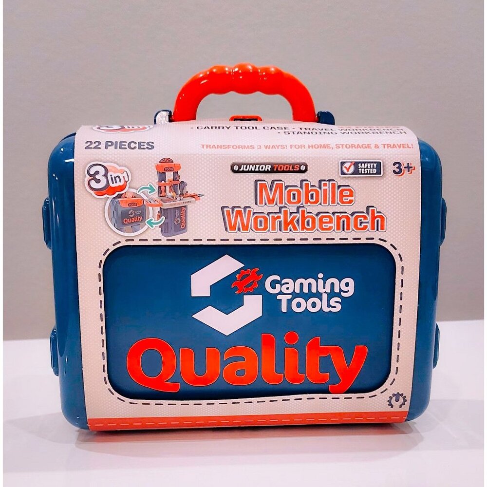 Junior Tools 3-In-1 Mobile Workbench & Gaming Tools Set - 22 Pieces For Ages 3+